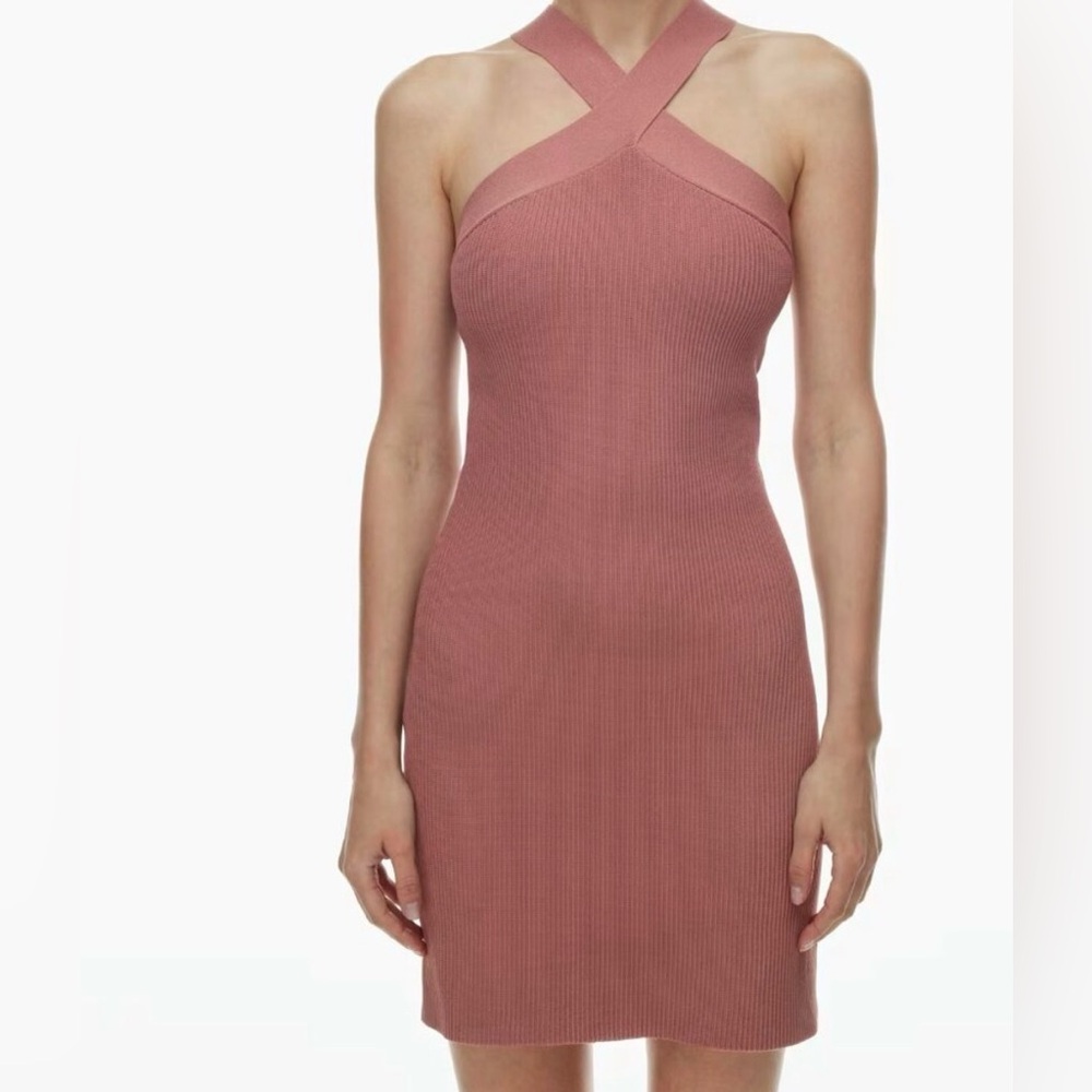 Dusty Rose Aritzia Babaton Sculpt Knit Criss Cross & Ribbed Halter Mini Dress.